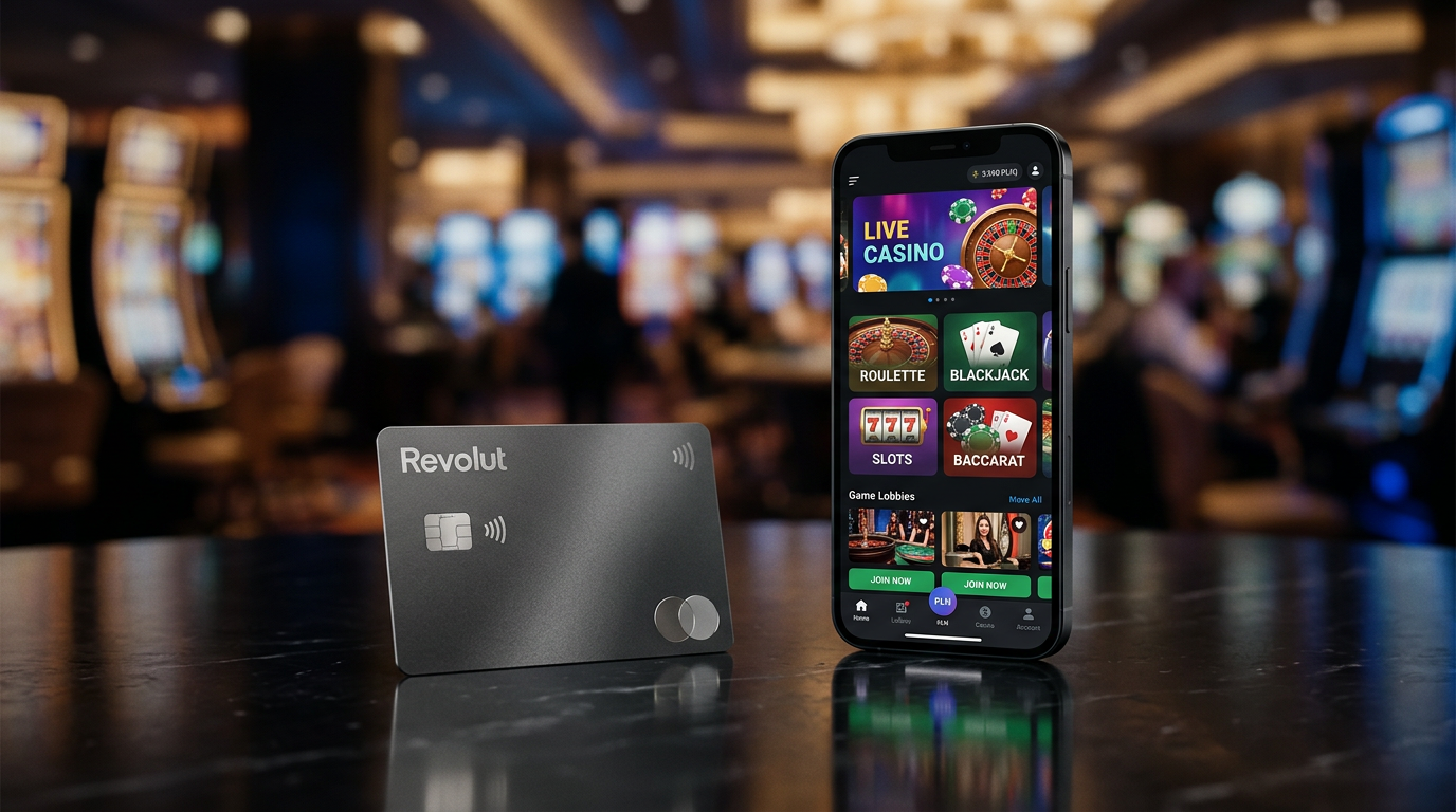 Karta Revolut i telefon z aplikacją kasyna online na eleganckim tle